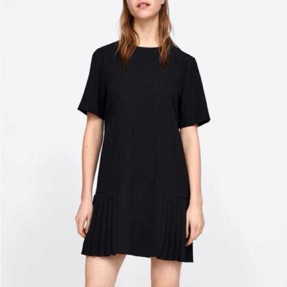 Zara Black Drop Waist Pleated Hem Shift Mini Dress Small